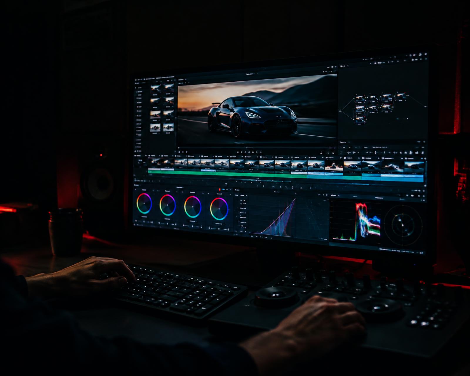 Editor color grading footage in a dark suite
